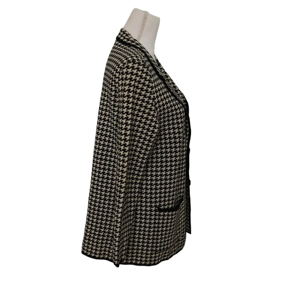 Kate Hill Italian Merino Wool black ivory cream Houndstooth‎ stretchy blazer med